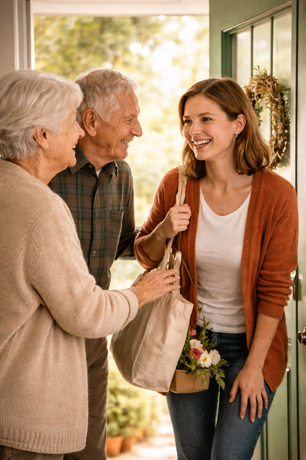 Caregiver arriving at door greeted by elderly couple