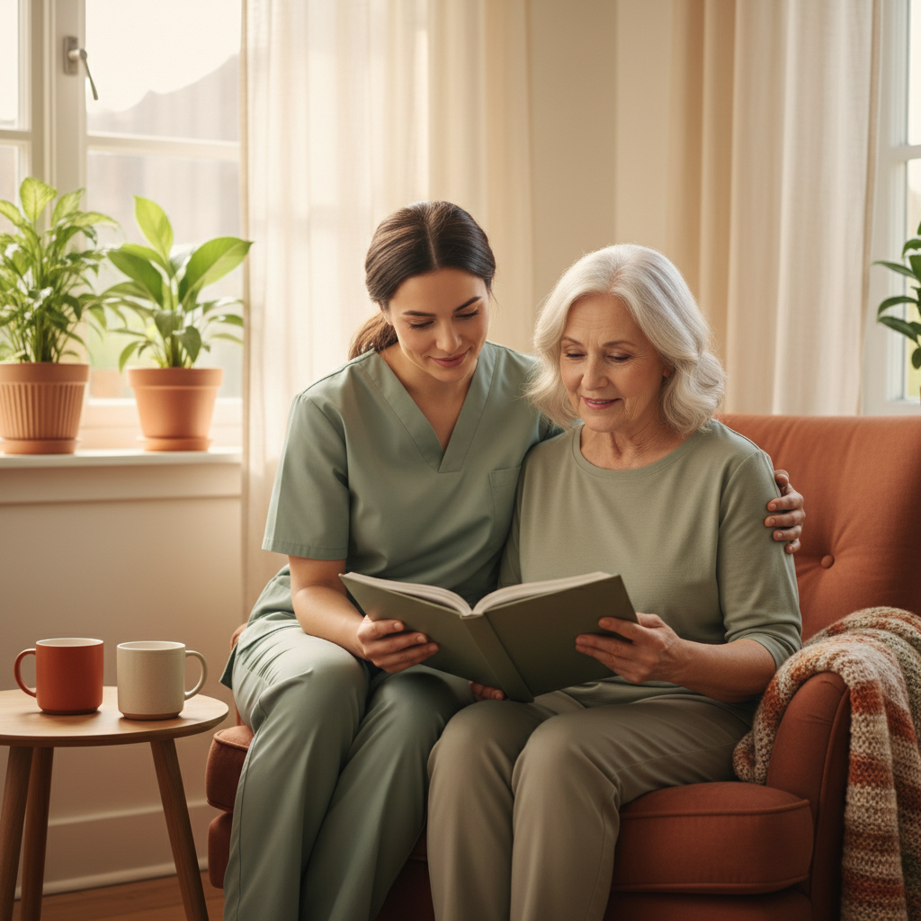 Caregiver reading with elderly woman in a warm home setting
